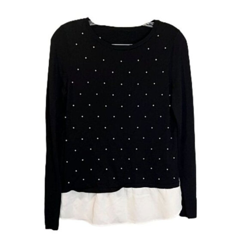 Women's Long Sleeve Pullover Sweater with Pearl Embellishments Layered hem top